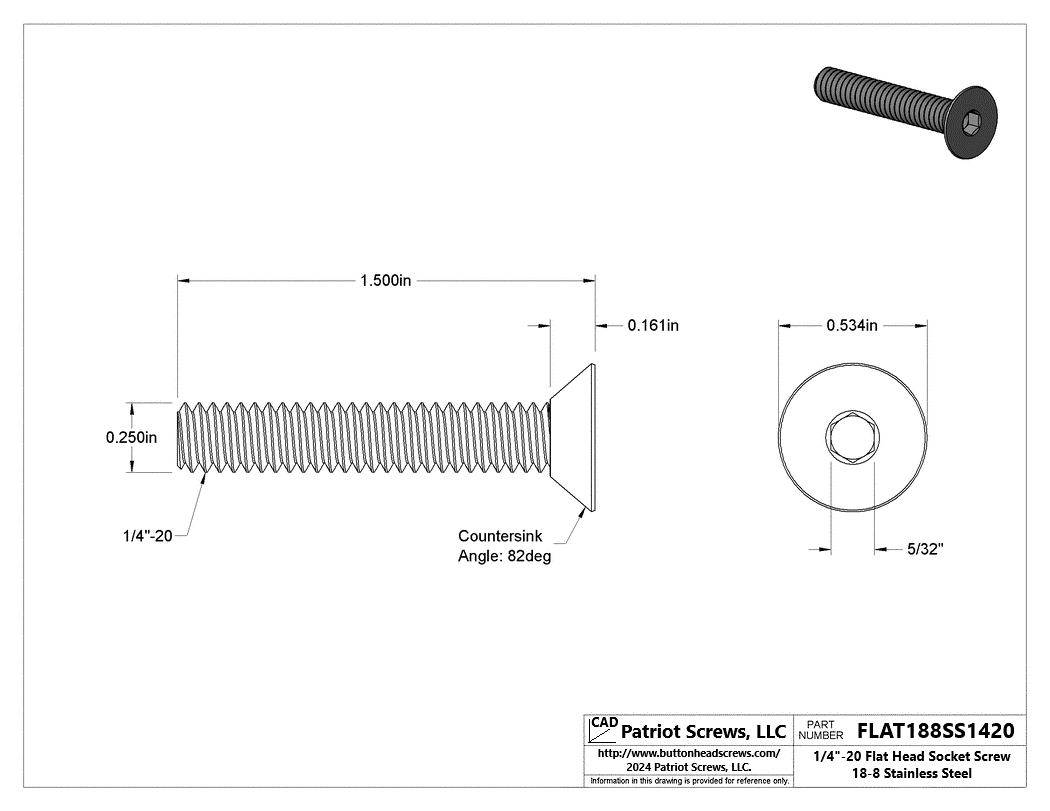 1/4”-20 x 1-1/2” 18-8 Stainless Steel Flat Head Socket Cap Screw