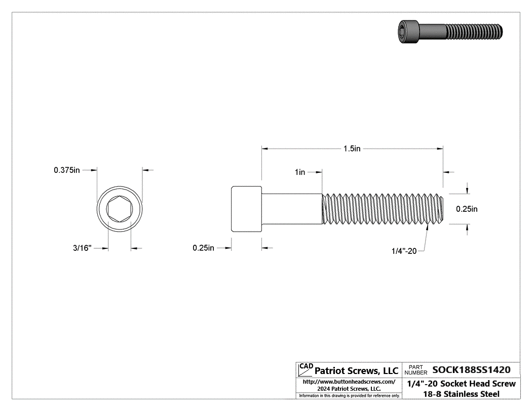 1/4”-20 1-1/2” 18-8 Stainless Steel Socket Head Cap Screw