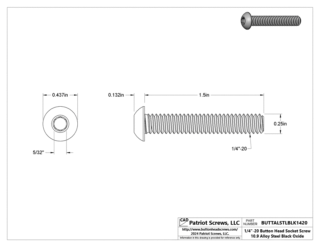 1/4”-20 x 1-1/2” Alloy Steel Black Oxide Button Head Socket Cap Screw