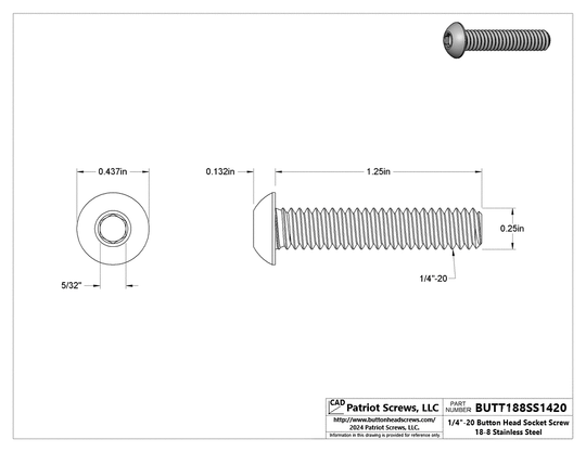 1/4”-20 x 1-1/4” 18-8 Stainless Steel Button Head Socket Cap Screw