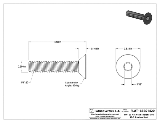 1/4”-20 x 1-1/4” 18-8 Stainless Steel Flat Head Socket Cap Screw