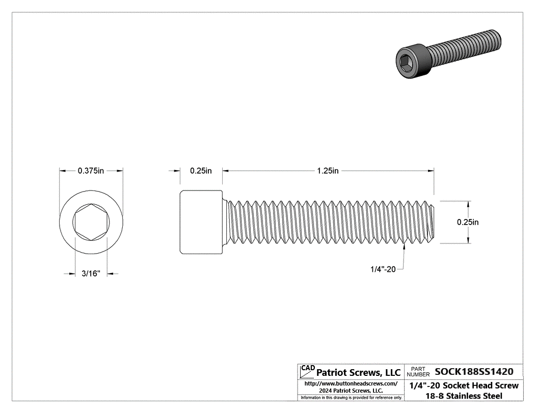 1/4”-20 x 1-1/4” 18-8 Stainless Steel Socket Head Cap Screw