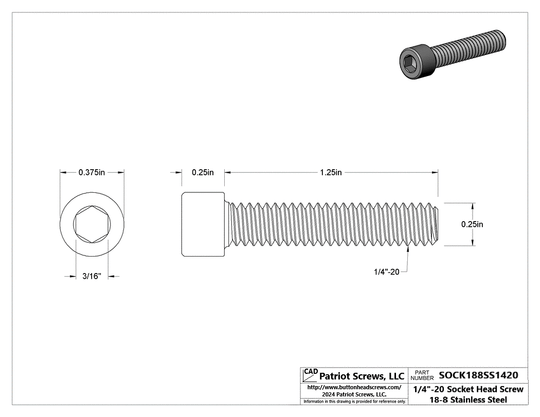 1/4”-20 x 1-1/4” 18-8 Stainless Steel Socket Head Cap Screw