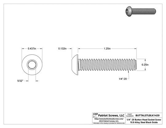 1/4”-20 x 1-1/4” Alloy Steel Black Oxide Button Head Socket Cap Screw