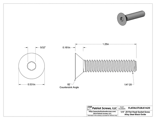 1/4”-20 x 1-1/4” Alloy Steel Black Oxide Flat Head Socket Cap Screw