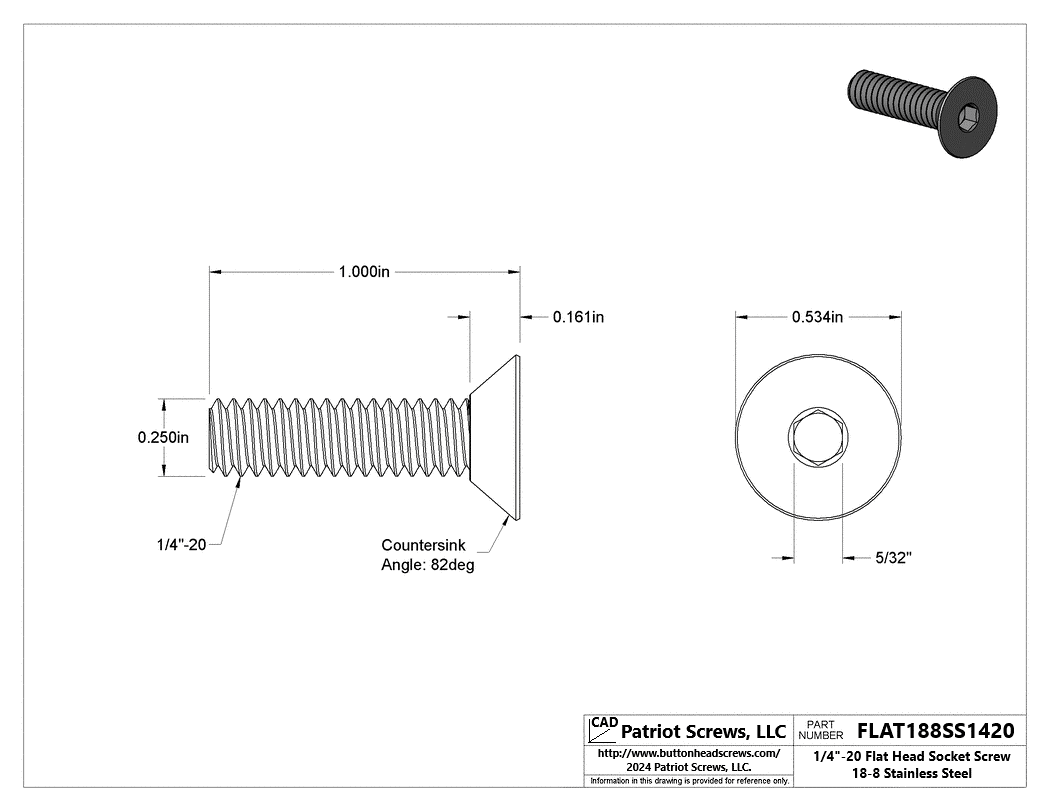 1/4”-20 x 1” 18-8 Stainless Steel Flat Head Socket Cap Screw