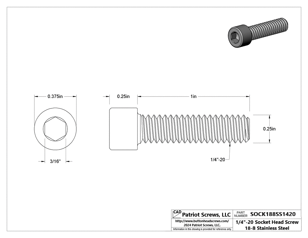 1/4”-20 x 1” 18-8 Stainless Steel Socket Head Cap Screw