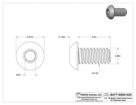 1/4”-20 x 1/2” 18-8 Stainless Steel Button Head Socket Cap Screw