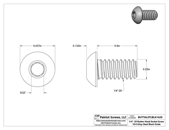 1/4”-20 x 1/2” Alloy Steel Black Oxide Button Head Socket Cap Screw