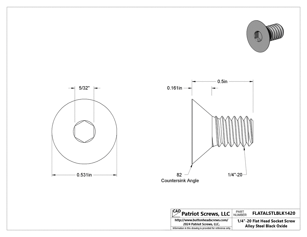 1/4”-20 x 1/2” Alloy Steel Black Oxide Flat Head Socket Cap Screw