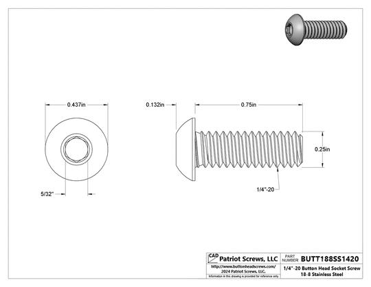 1/4”-20 x 3/4” 18-8 Stainless Steel Button Head Socket Cap Screw