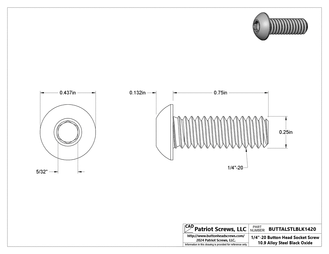 1/4”-20 x 3/4” Alloy Steel Black Oxide Button Head Socket Cap Screw
