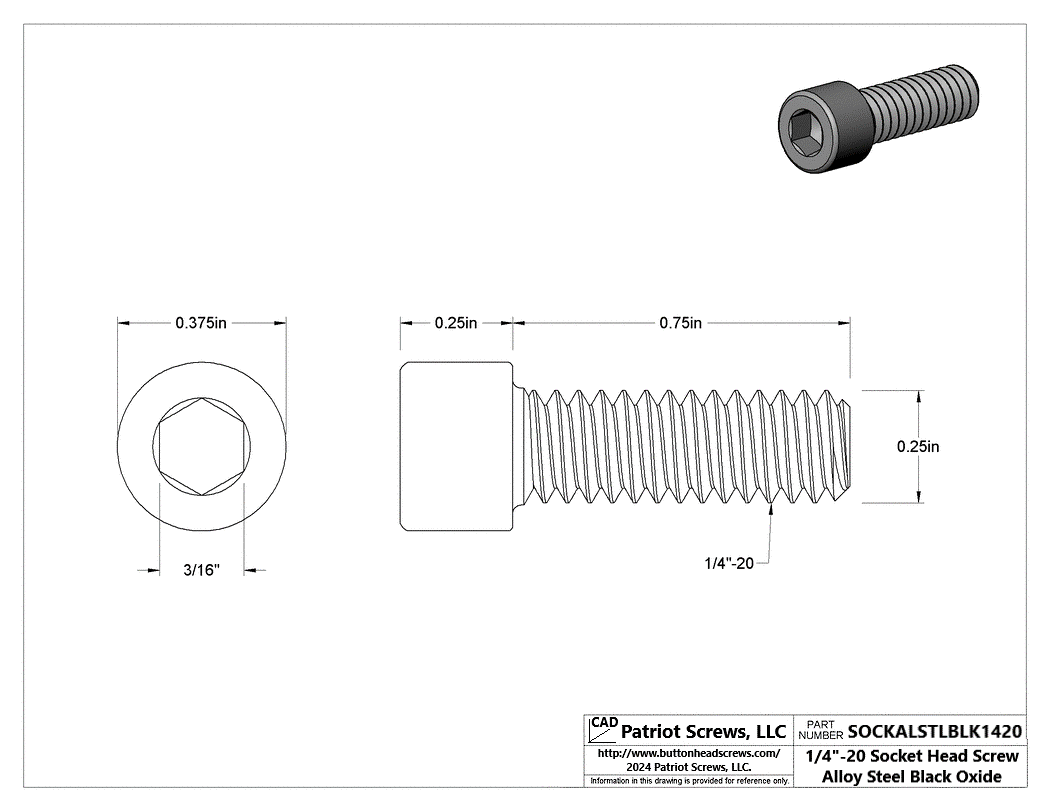 1/4”-20 x 3/4” Alloy Steel Black Oxide Socket Head Cap Screw