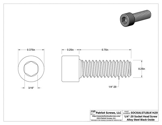 1/4”-20 x 3/4” Alloy Steel Black Oxide Socket Head Cap Screw