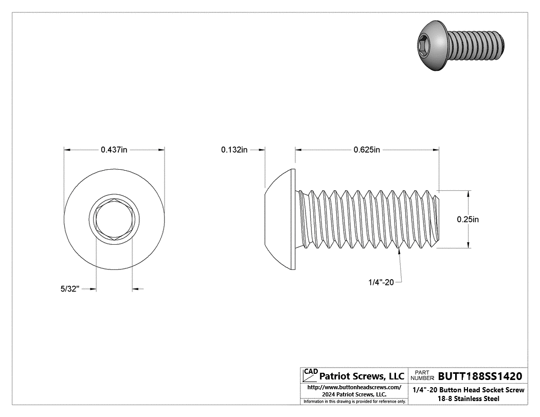 1/4”-20 x 5/8” 18-8 Stainless Steel Button Head Socket Cap Screw