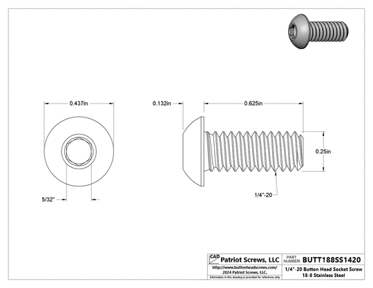 1/4”-20 x 5/8” 18-8 Stainless Steel Button Head Socket Cap Screw