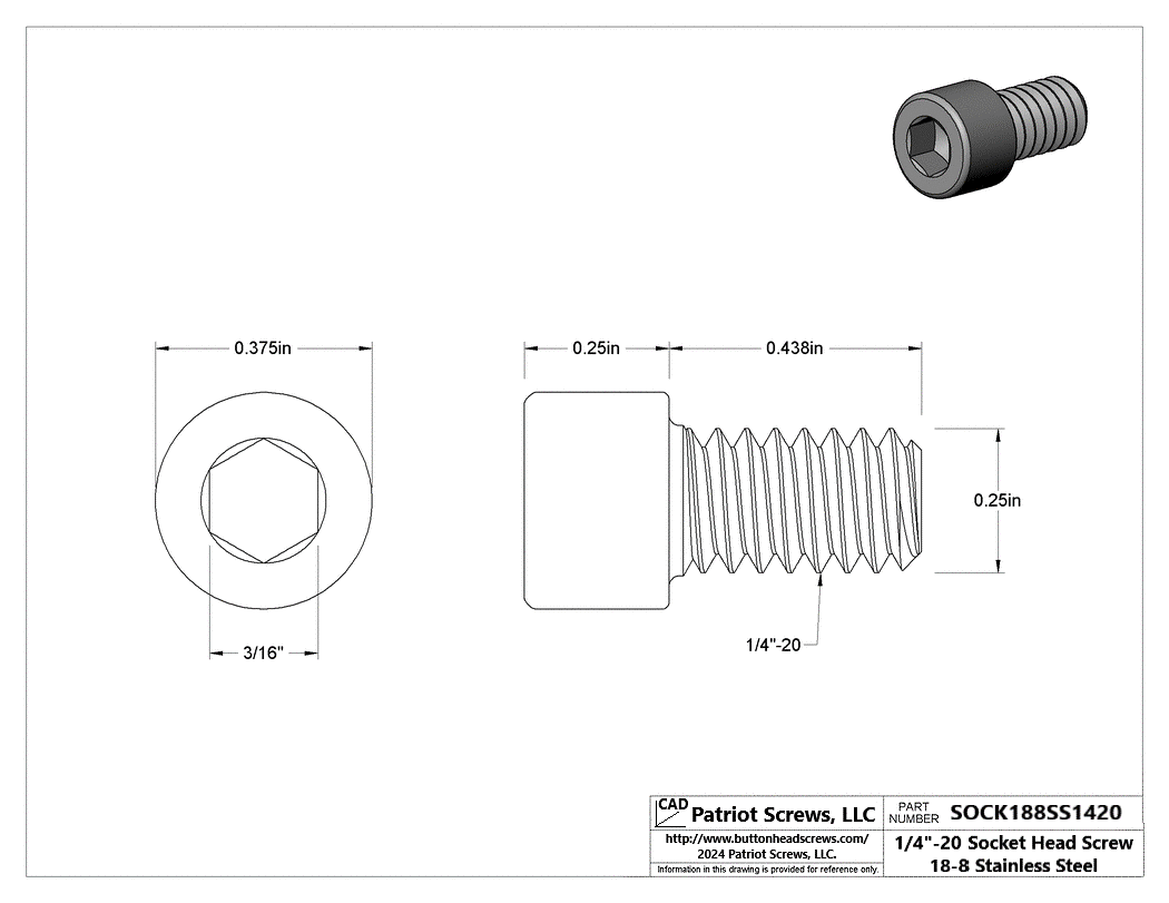 1/4”-20 x 7/16” 18-8 Stainless Steel Socket Head Cap Screw