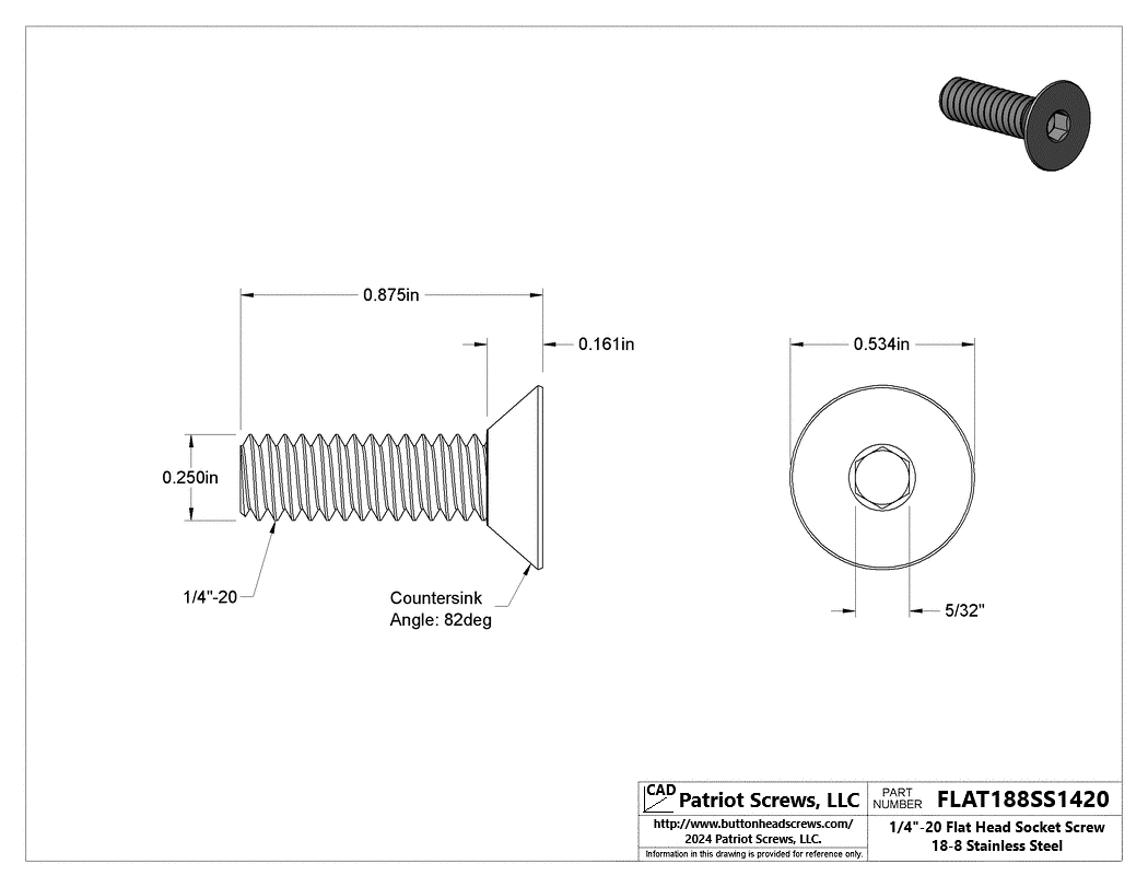 1/4”-20 x 7/8” 18-8 Stainless Steel Flat Head Socket Cap Screw