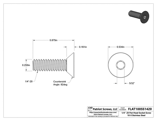 1/4”-20 x 7/8” 18-8 Stainless Steel Flat Head Socket Cap Screw