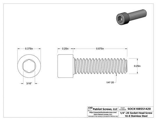 1/4”-20 x 7/8” 18-8 Stainless Steel Socket Head Cap Screw