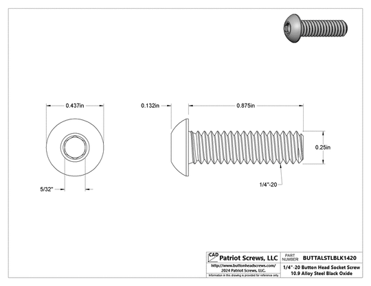 1/4”-20 x 7/8” Alloy Steel Black Oxide Button Head Socket Cap Screw