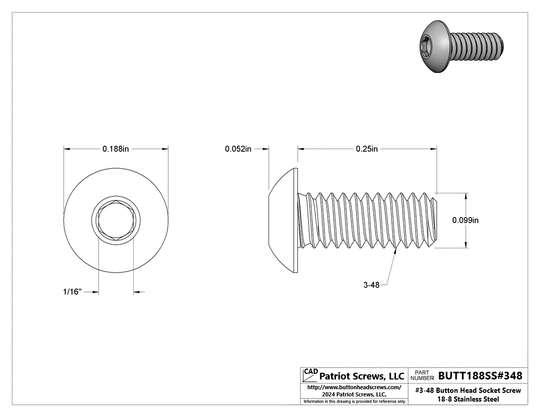 #3-48 x 1/4” 18-8 Stainless Steel Socket Button Head Cap Screw