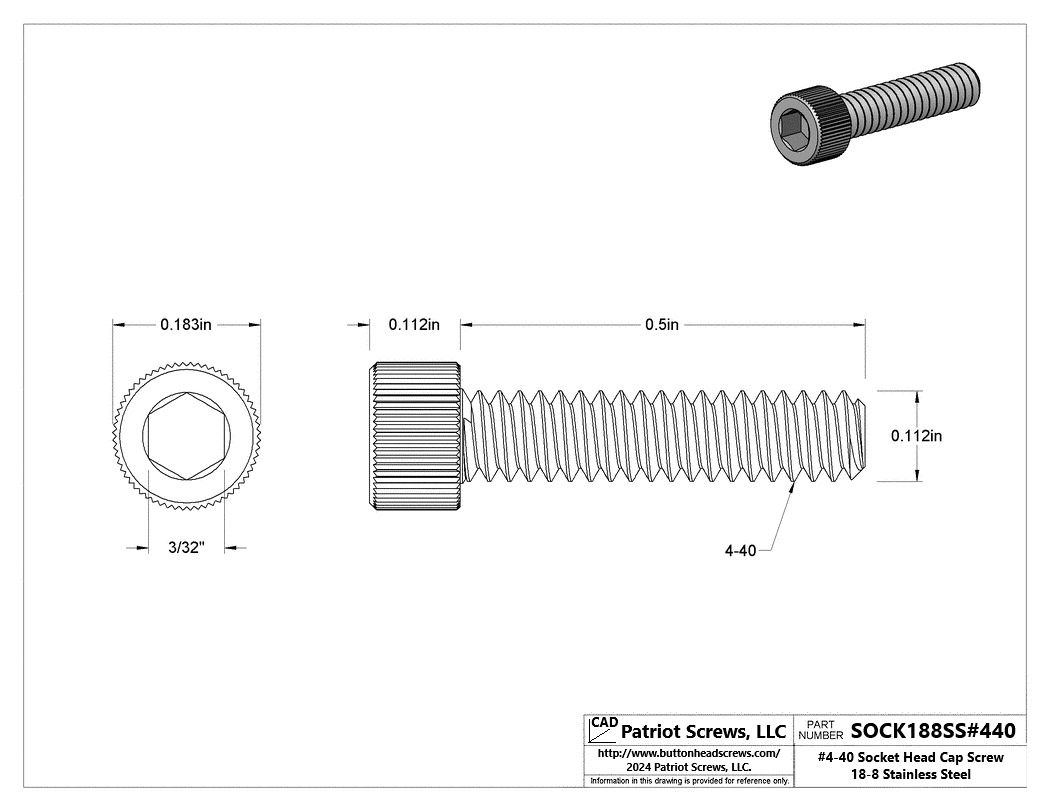 #4-40 x 1/2” 18-8 Stainless Steel Socket Head Cap Screw