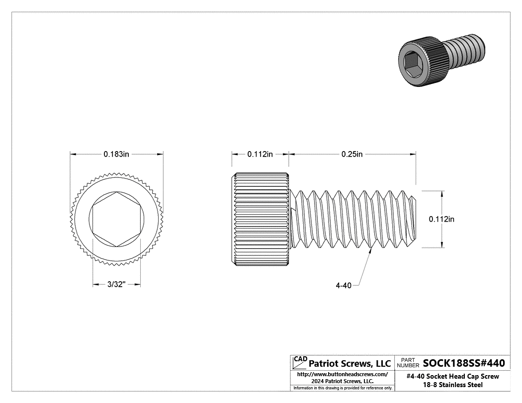 #4-40 x 1/4” 18-8 Stainless Steel Socket Head Cap Screw