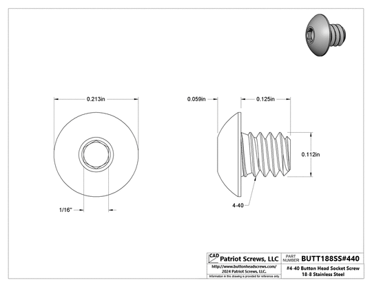 #4-40 x 1/8” 18-8 Stainless Steel Socket Button Head Cap Screw