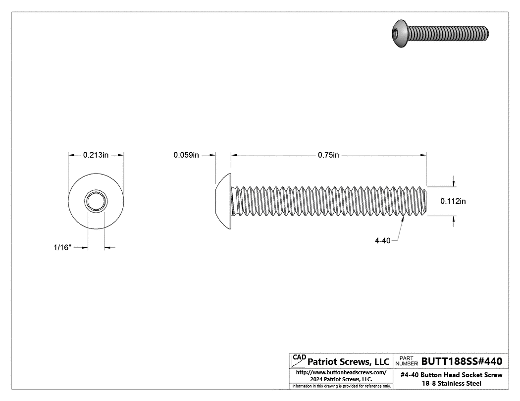 #4-40 x 3/4” 18-8 Stainless Steel Socket Button Head Cap Screw