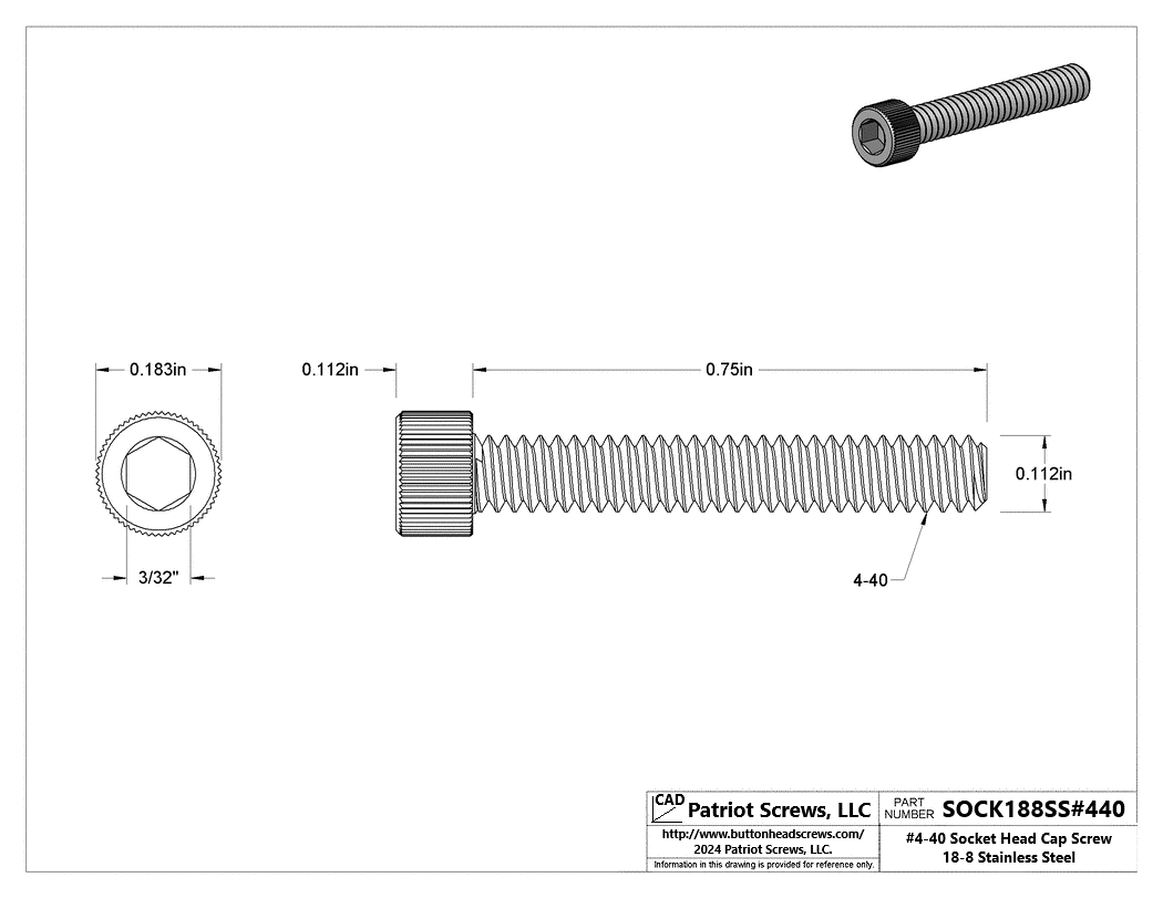 #4-40 x 3/4” 18-8 Stainless Steel Socket Head Cap Screw