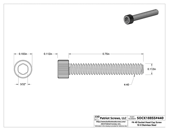 #4-40 x 3/4” 18-8 Stainless Steel Socket Head Cap Screw