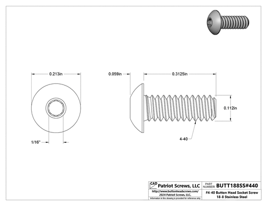 #4-40 x 5/16” 18-8 Stainless Steel Socket Button Head Cap Screw