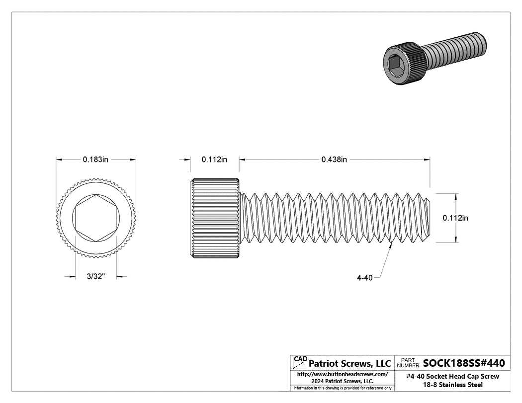 #4-40 x 7/16” 18-8 Stainless Steel Socket Head Cap Screw