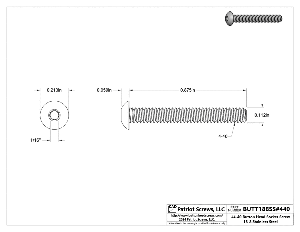 #4-40 x 7/8” 18-8 Stainless Steel Socket Button Head Cap Screw