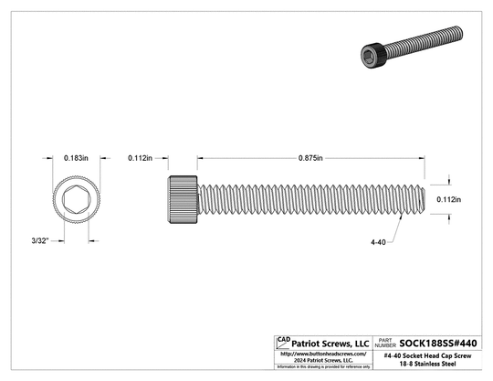 #4-40 x 7/8” 18-8 Stainless Steel Socket Head Cap Screw