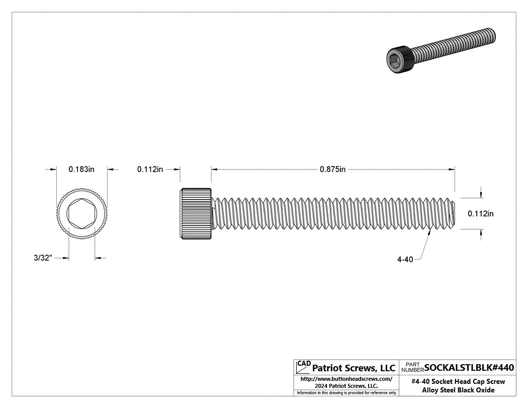 #4-40 x 7/8” Alloy Steel Black Oxide Socket Head Cap Screw