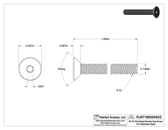 #6-32 x 1” 18-8 Stainless Steel Flat Head Socket Cap Screw