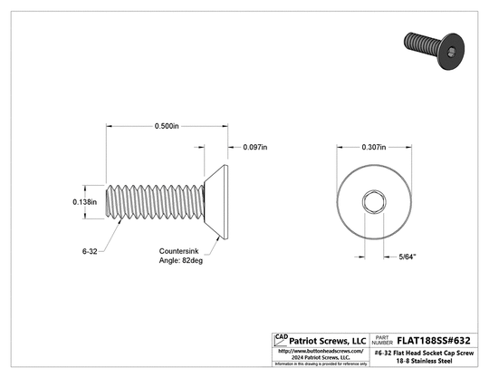 #6-32 x 1/2” 18-8 Stainless Steel Flat Head Socket Cap Screw