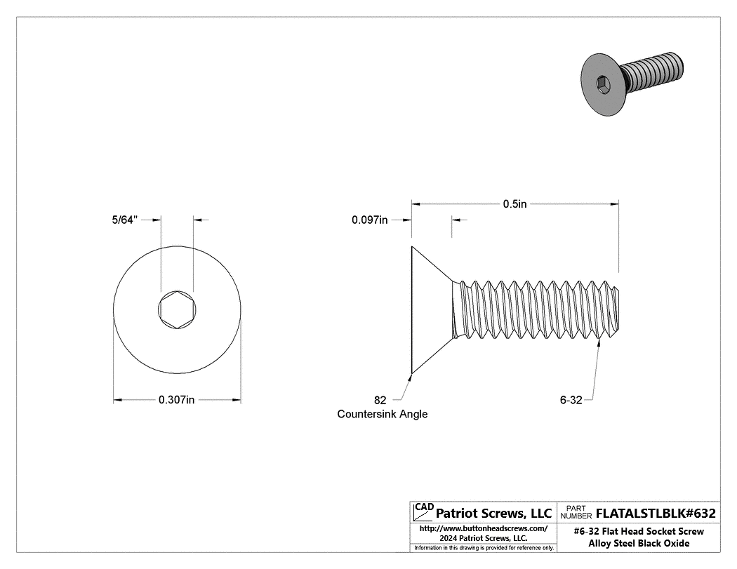#6-32 x 1/2” Alloy Steel Black Oxide Flat Head Socket Cap Screw