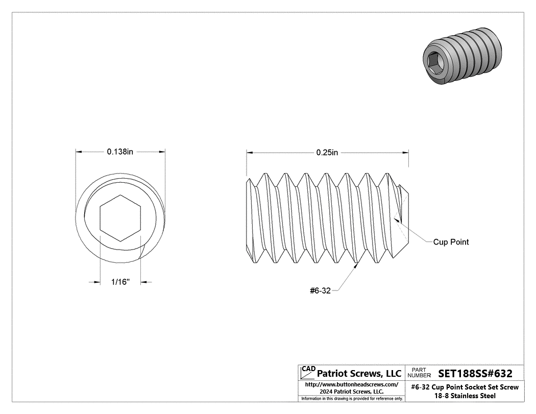 #6-32 x 1/4” 18-8 Stainless Steel Cup Point Socket Set Screw