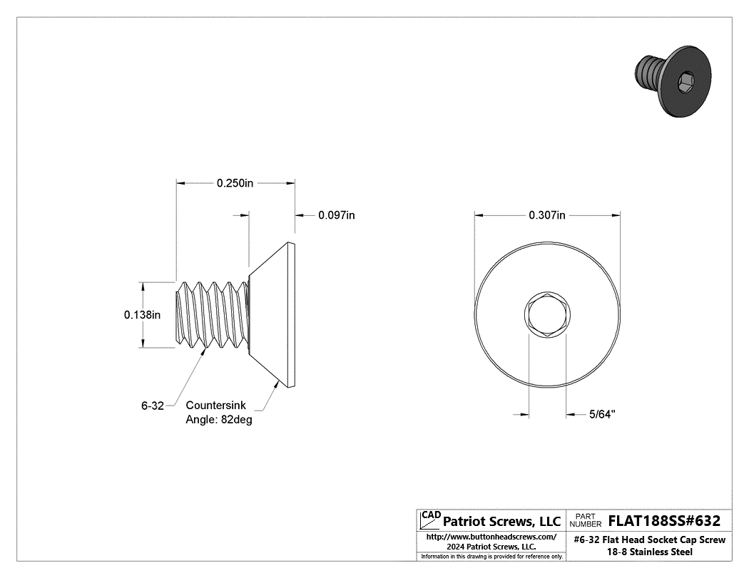 #6-32 x 1/4” 18-8 Stainless Steel Flat Head Socket Cap Screw