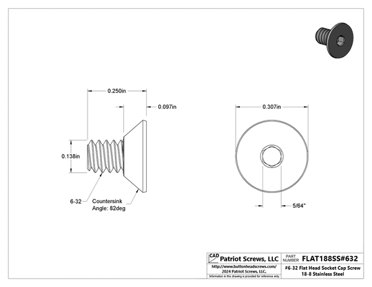 #6-32 x 1/4” 18-8 Stainless Steel Flat Head Socket Cap Screw