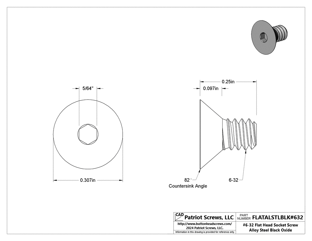 #6-32 x 1/4” Alloy Steel Black Oxide Flat Head Socket Cap Screw
