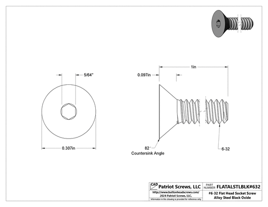 #6-32 x 1” Alloy Steel Black Oxide Flat Head Socket Cap Screw
