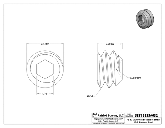 #6-32 x 3/32” 18-8 Stainless Steel Cup Point Socket Set Screw