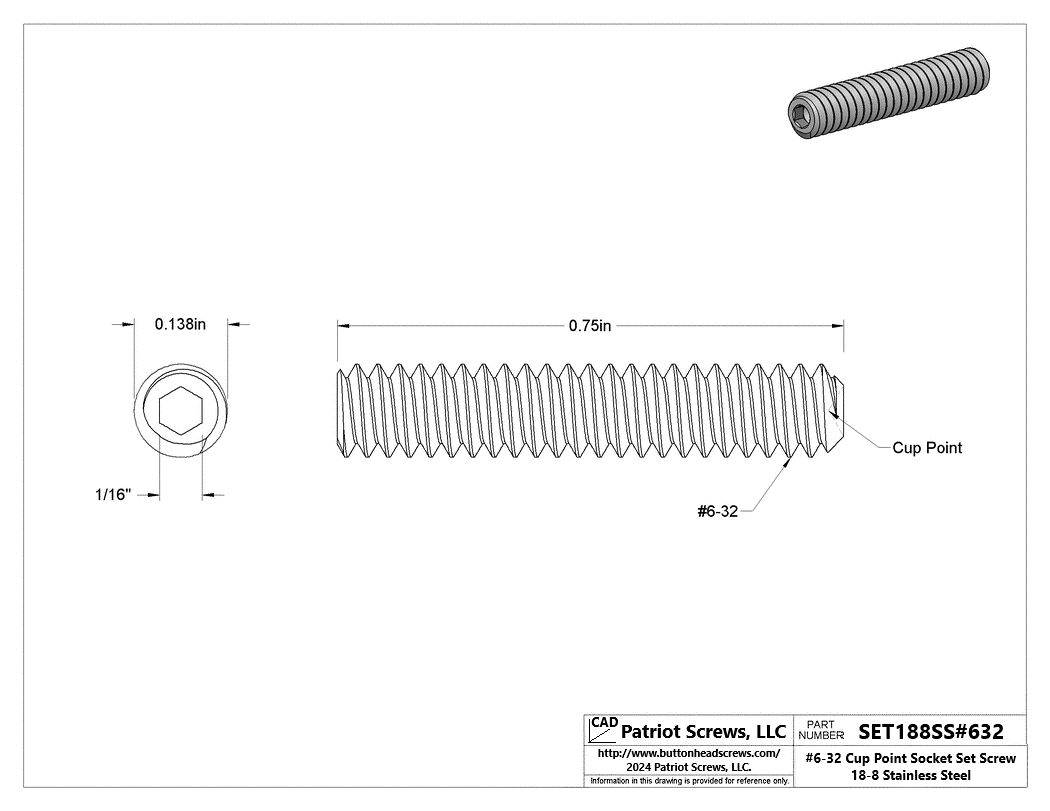 #6-32 x 3/4” 18-8 Stainless Steel Cup Point Socket Set Screw