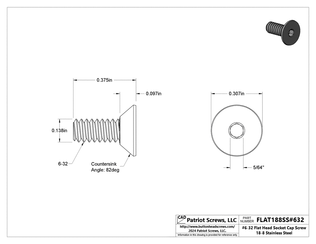 #6-32 x 3/8” 18-8 Stainless Steel Flat Head Socket Cap Screw