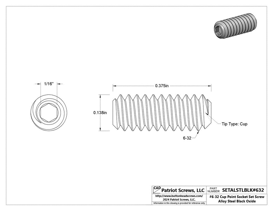 #6-32 x 3/8” Alloy Steel Black Oxide Cup Point Socket Set Screw