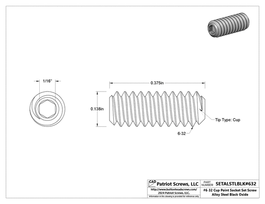 #6-32 x 3/8” Alloy Steel Black Oxide Cup Point Socket Set Screw